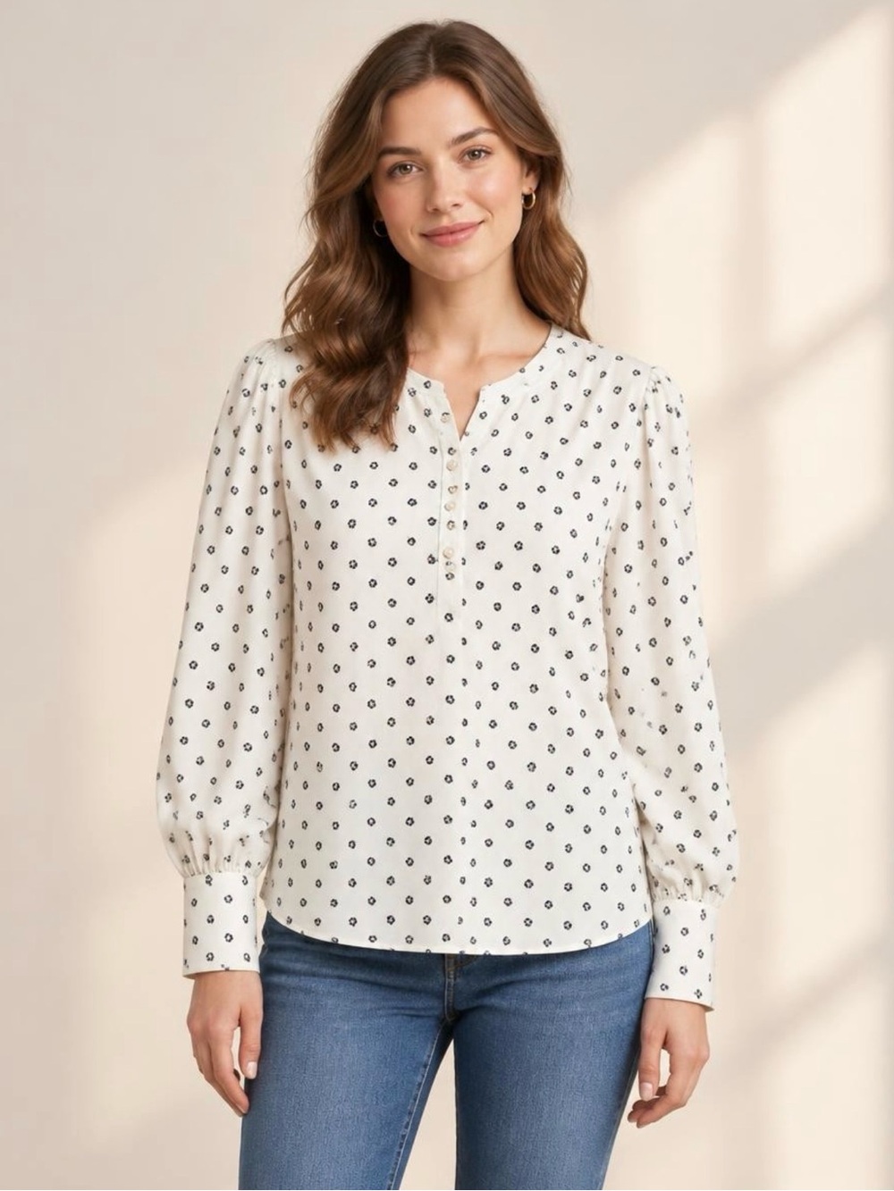 Ann Taylor Floral Button-Front Blouse in White & Black Size Medium